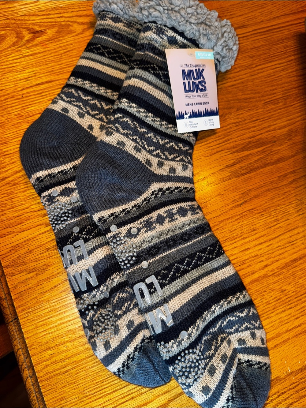 Muk Luks Men's Cabin Socks - Navy and Gray Patterned Sherpa Lined